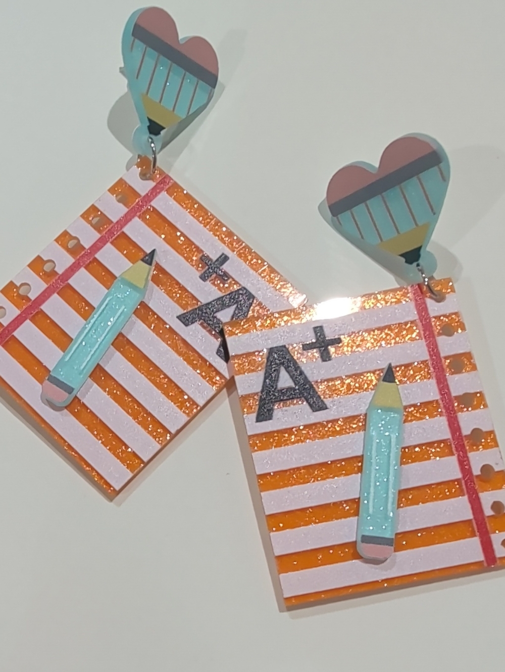 Kids School Notebook Dangle Earrings - Orange Stripes & Mint Pencil
